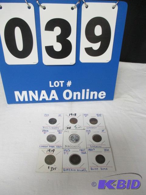 lot 39 image: 9 U.S.Coins Indian Head Cent-Buffalo Nickels -Lincoln Cents