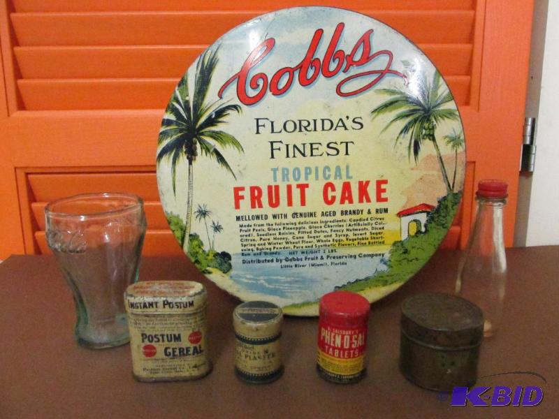 lot 119 image: Small Tins, Small Bottle, Small Coca Cola Glass, and a Fruit Cake Tin - or Floor Polish