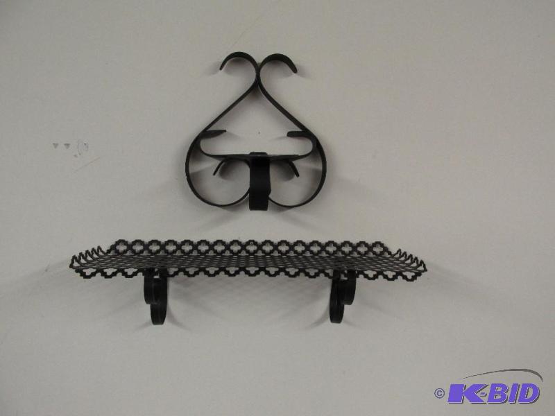 lot 12 image: Black Metal Wall Hanging Candle Stick and Shelf.