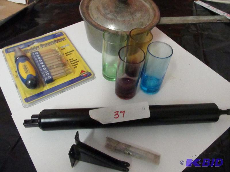lot 31 image: Small Driver Set, Door Closers, Pan with Lid and Some Glasses.