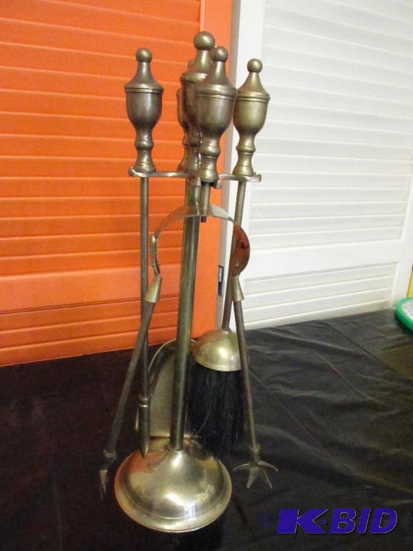 lot 37 image: Small Set of Brass Fireplace Tools - each tool about 12 long