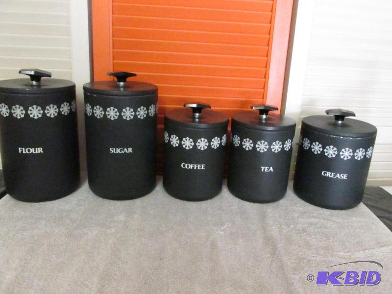 lot 79 image: 5 Black and White Cannisters in Nice Condition