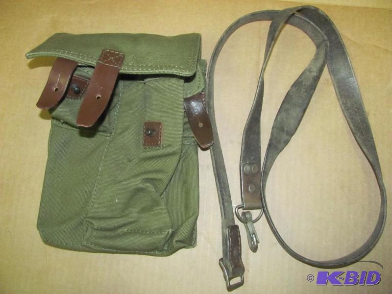 lot 74 image: Green Canvas Triple Bag Mag Pouch w leather ...