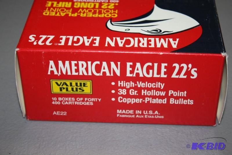 lot 133 image: Box lot of (1) American Eagle .22 ammo app. ...