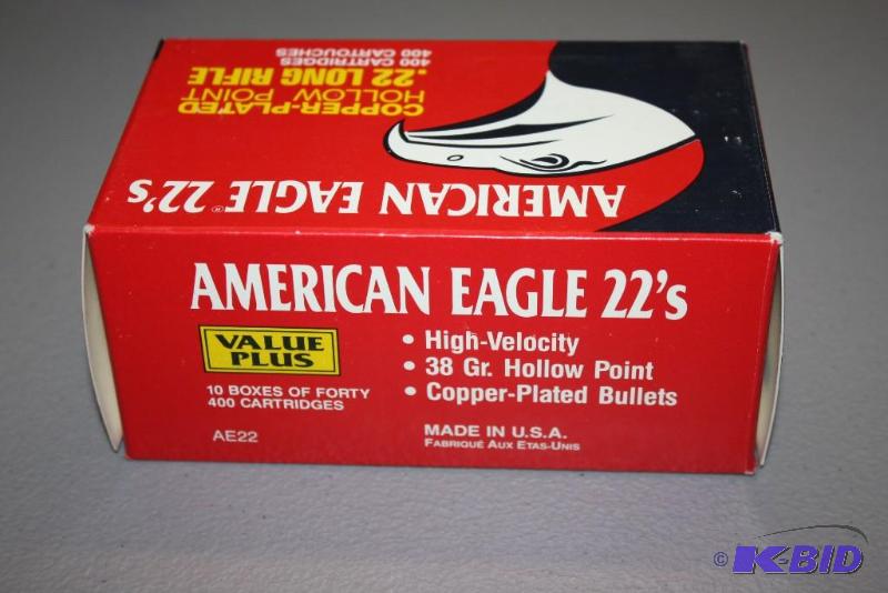 lot 134 image: Box lot of (1) American Eagle .22 ammo app. ...