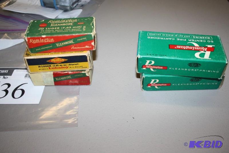 lot 136 image: Box lot of (5) Miscellaneous 30 Luger ammo a...