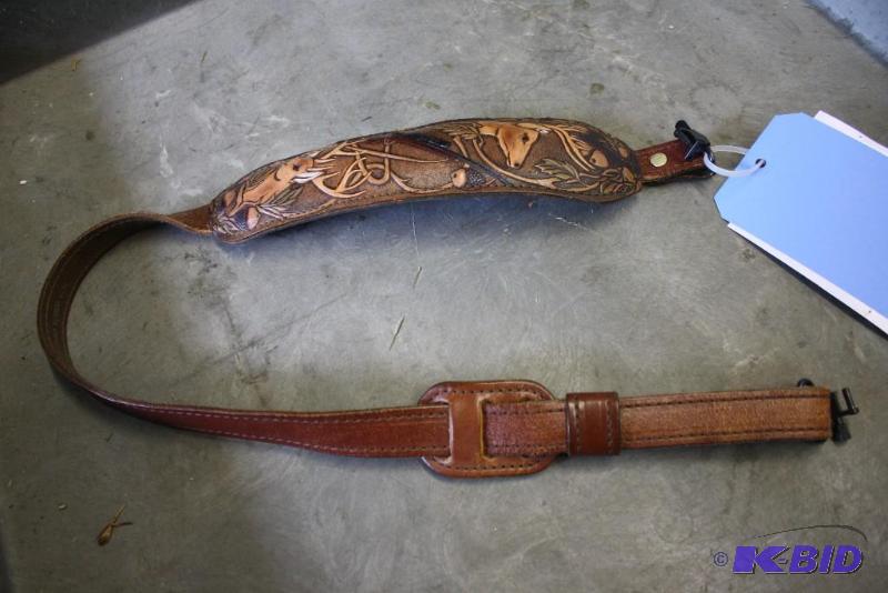 lot 206 image: Lot of (1) Leather rifle hunting strap with d...