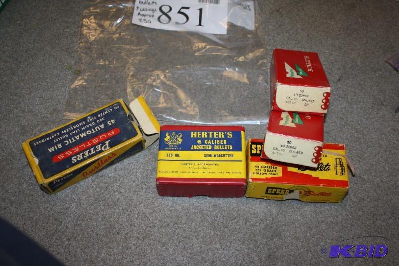 lot 851 image: Box Lot of (5) .45 Cal bullets and casings a...