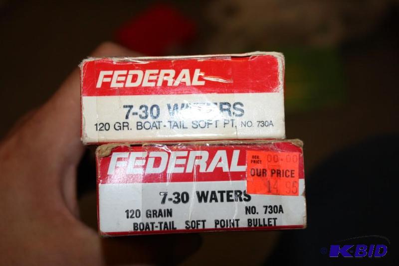 lot 880 image: Box Lot of (2) 7-30 Waters ammo app. 40 ct....