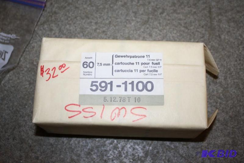 lot 896 image: Box of 7.5mm Gewehrpatrone 11 ammo app. 60 c...