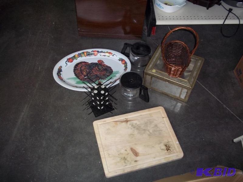 lot 106 image: wood cutting board, tin, coffee pots...