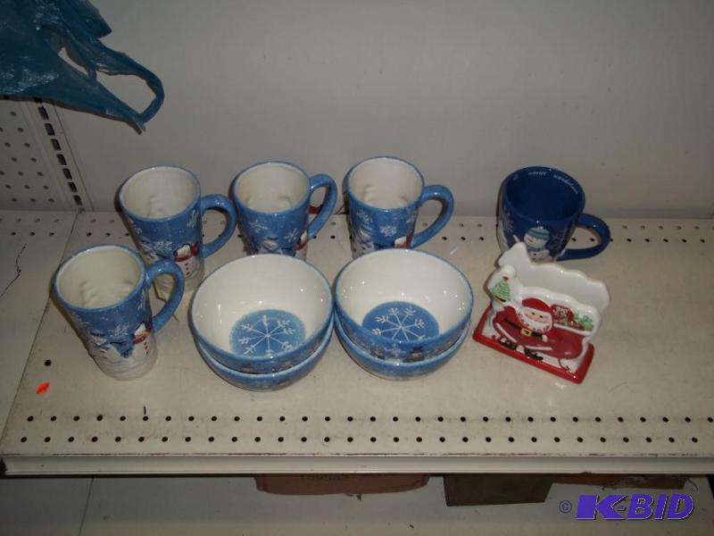 lot 156 image: Christmas Dishes   5 cups  4 bowls  Napkin ho...