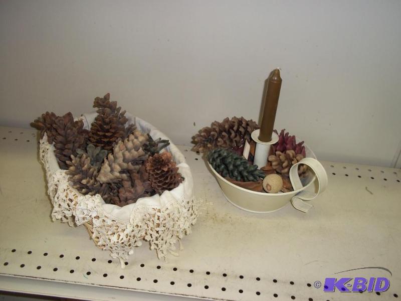 lot 225 image: Pine cones with basket and candle holder...