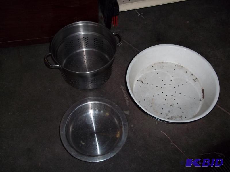 lot 94 image: 3 steamer  strainer pans...