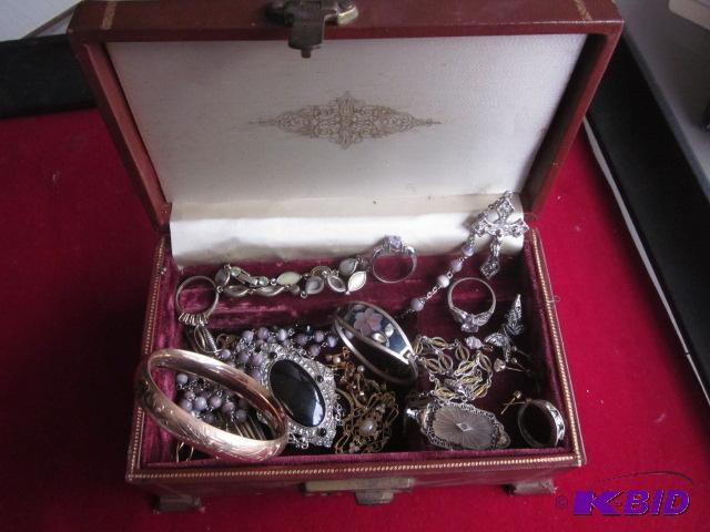 Vintage wooden leather music and jewelry box,...