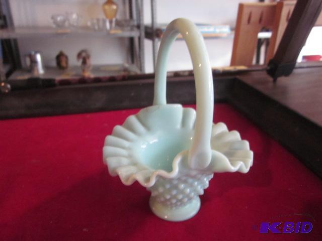 6 inch blue hobnail opalescent Fenton glass b...