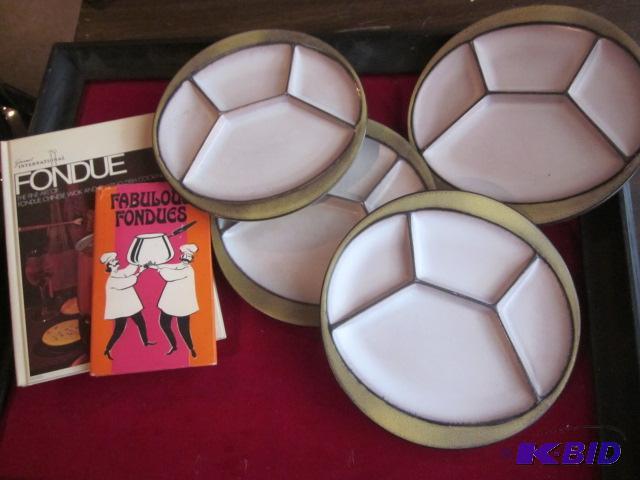 Lot of (4) stoneware fondue plates, one with ...