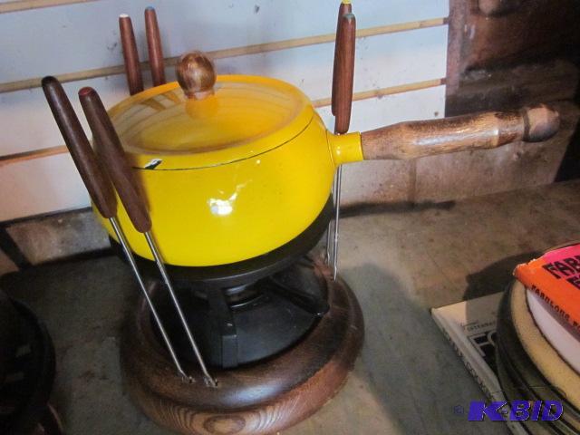 Vintage fondue set, lazy susan wood base, and...