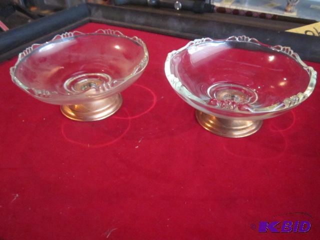 Pair of 6 inch glass and copper footed bowls,...