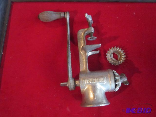 Vintage universal meat grinder with wood hand...