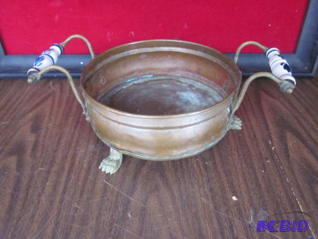 Antique copper footed bowl with ceramic hand ...