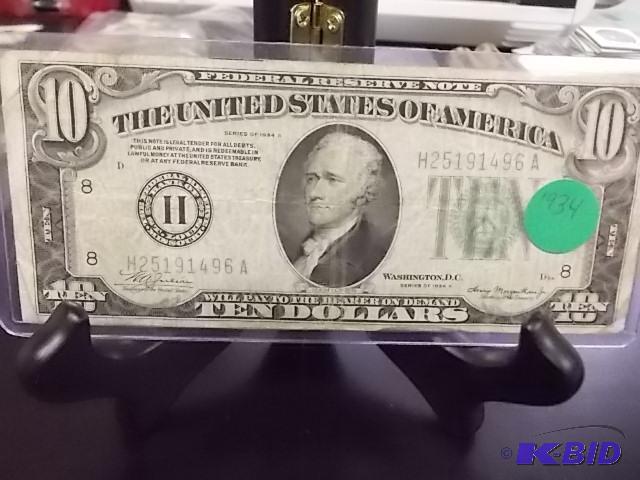 $10 Federal Reserve Note 1934 A Series...
