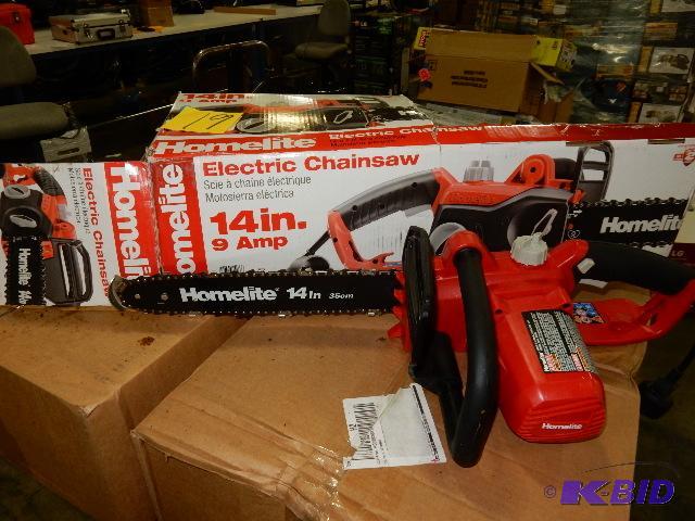lot 19 image: HOMELITE 9 Amp 14 in Electric Chain Saw. Test...
