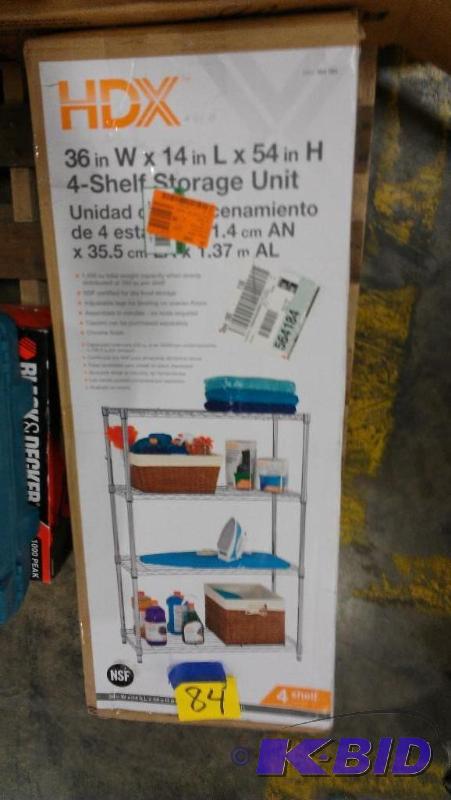 lot 84 image: Four shelf storage unit. Wire shelving. Good ...