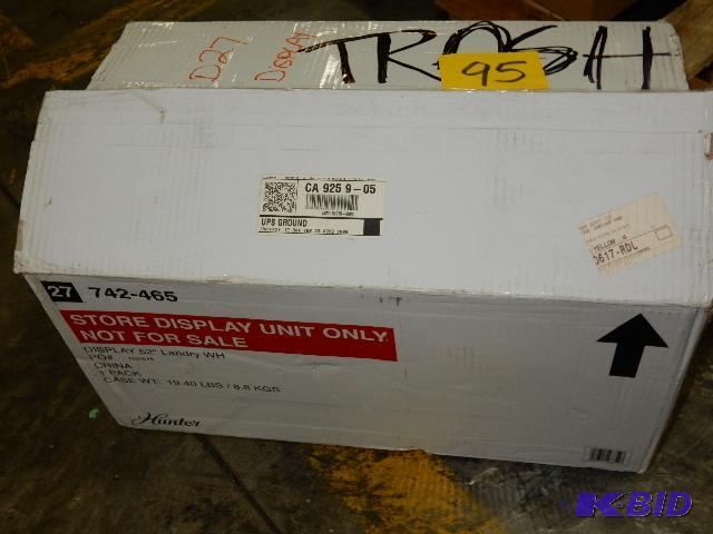 lot 95 image: HUNTER LANTRY Ceiling Fan. The box says TRASH...