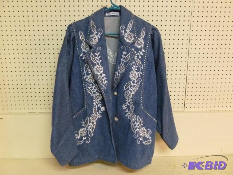 lot 163 image: Flamingo rhinestone and denim jean jacket siz...