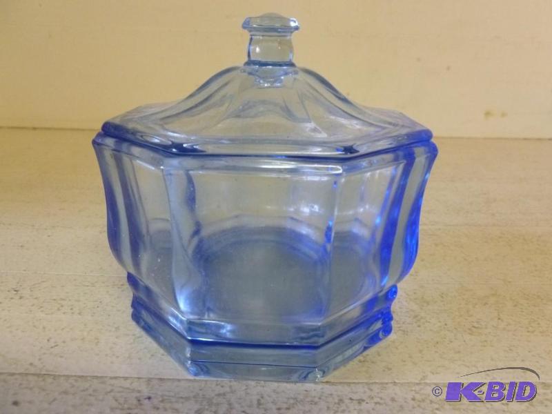 lot 32 image: Vintage blue glass candy dish with lid that m...