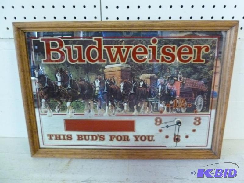lot 9 image: Budweiser solid oak framed beer mirror wall c...