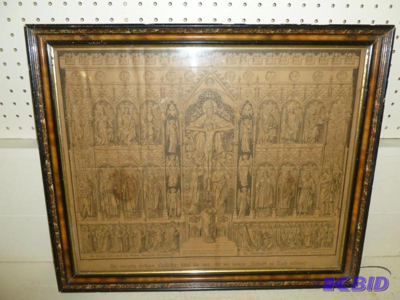 lot 97 image: Large solid wood framed antique religious pic...