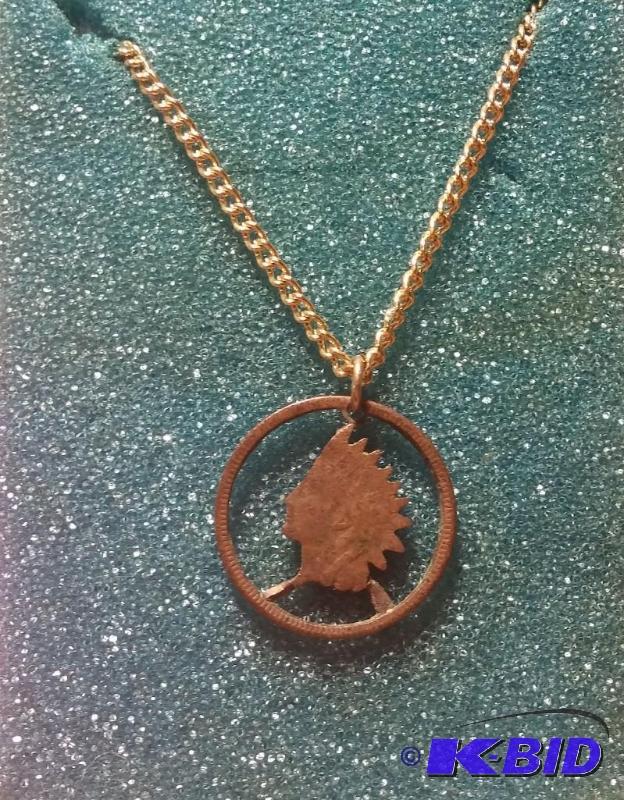Vintage-Cut Out Coin Jewelry by Clines-Indian Head Penny with Rim Pennant