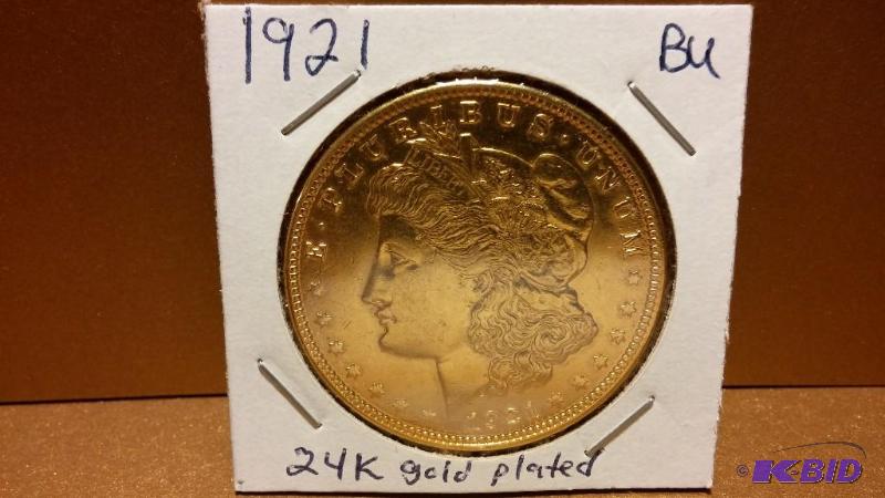 1921 GOLD PLATED MORGAN DOLLAR 90% SILVER 24K...