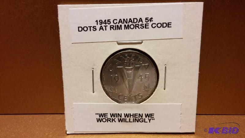1945 CANADA WAR NICKEL, MORSE CODE AROUND RIM...