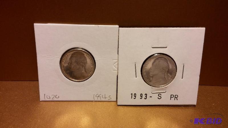 1994-S AND 1993-S PROOF JEFFERSON NICKELS...