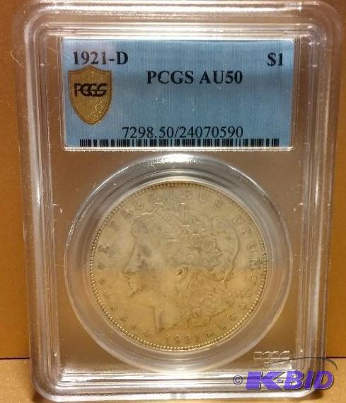 1921-D MORGAN SILVER DOLLAR SLAB PCGS AU50, 9...