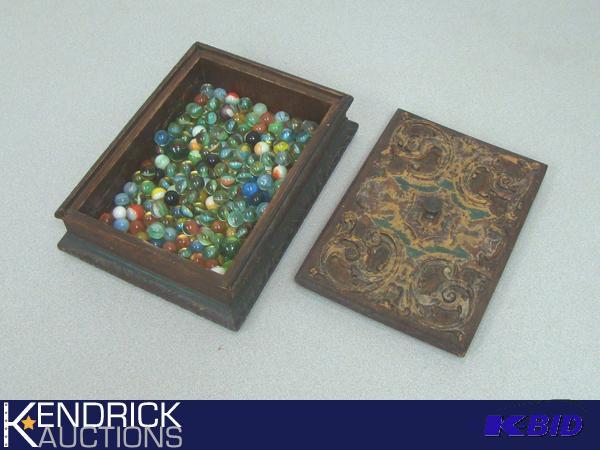 lot 31 image: Lot of Marbles in Antique Wood Box