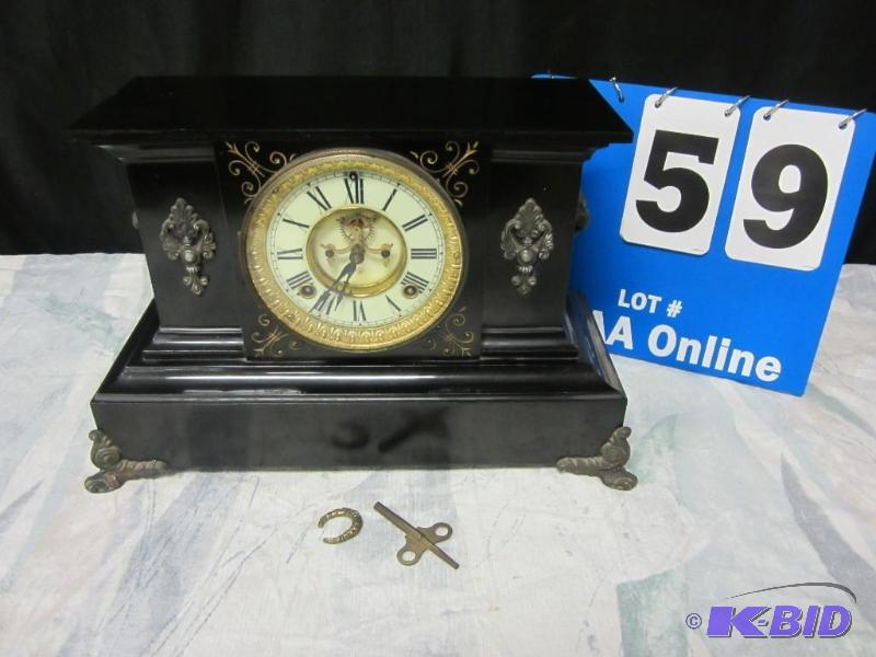 lot 00059 image: Antique Black American Ansonia Mantle Clock