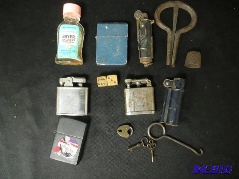 lot 00068 image: Lot of Vintage Lighters Keys Locks Trinkets Bayers Childrens Medicine Bottle Dice
