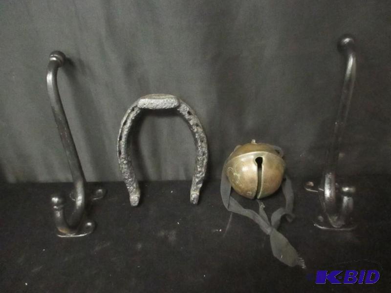 lot 00079 image: Group of Iron Antiques Horseshoe Wall Hooks Cow Bell