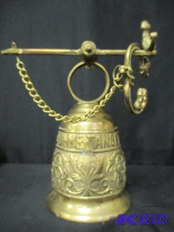 lot 28 image: Antique Brass Bell with Hanging Fixture