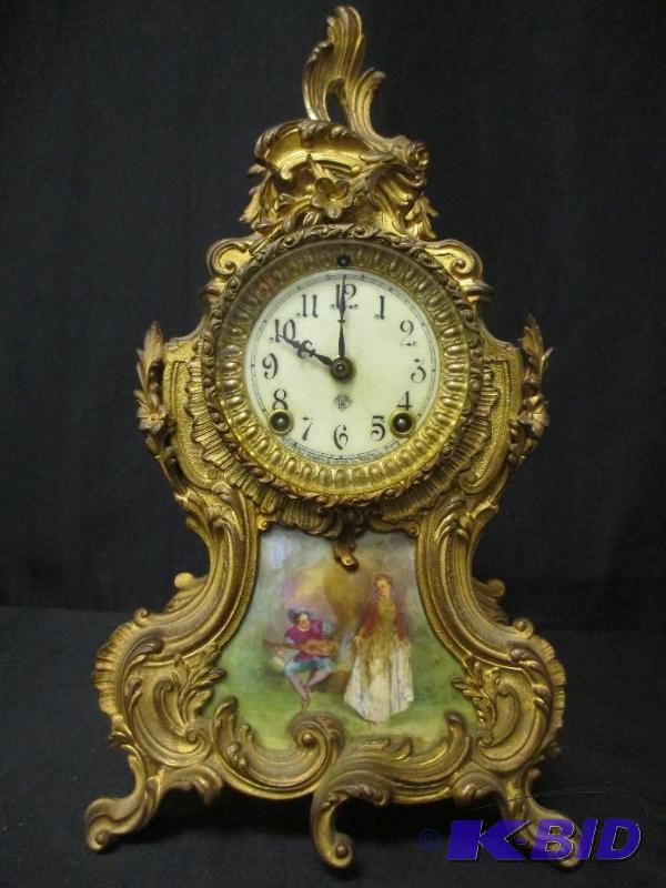 lot 3 image: Antique Ansonia Mantle Clock Painted Porcelain Panel