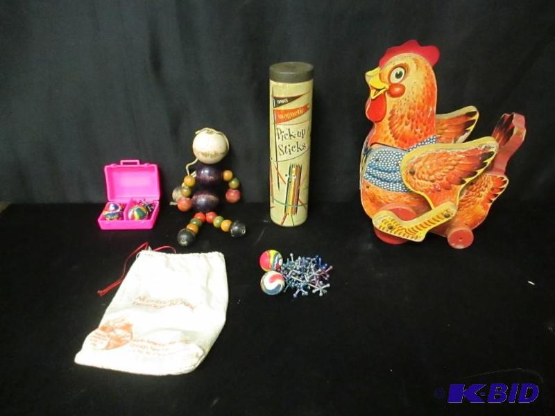 lot 60 image: Lot of Antique and Vintage Childrens Toys Pick Up Sticks Fischer Price Katy Kackler Red Hen