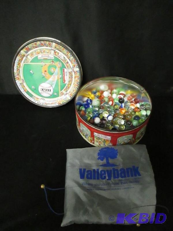 lot 62 image: Huge Lot of Vintage Marbles with Eagle Nuts Tin Container