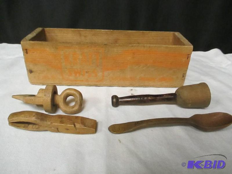 lot 63 image: Antique Lot of Primitive Tools Pennslyvania Tools Wood Butter Mold Kraft Box Pliers Childrens