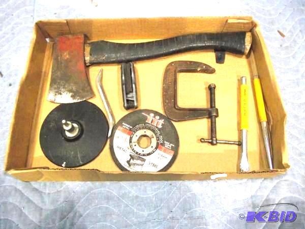 Assortment of tools   Hatchet  C clamp  Grind...