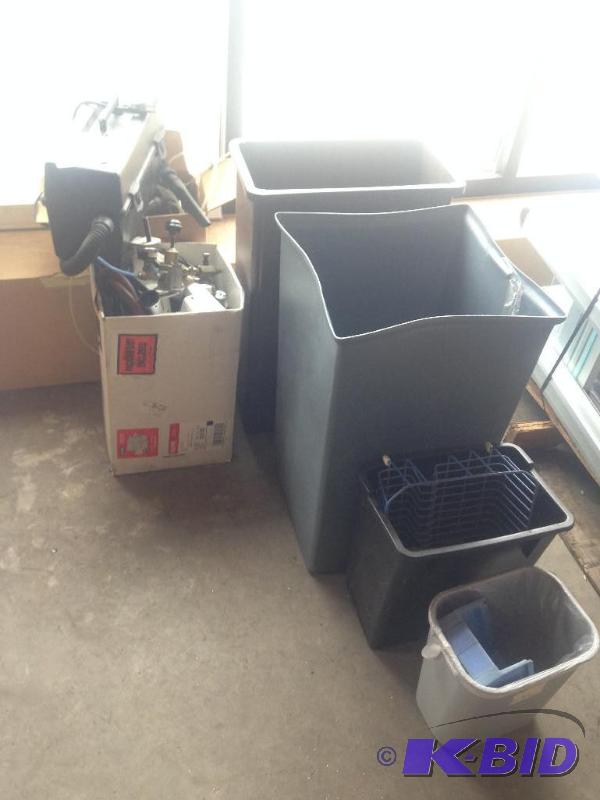 lot 133 image: Misc lot of trash bins and 2 boxes of misc el...