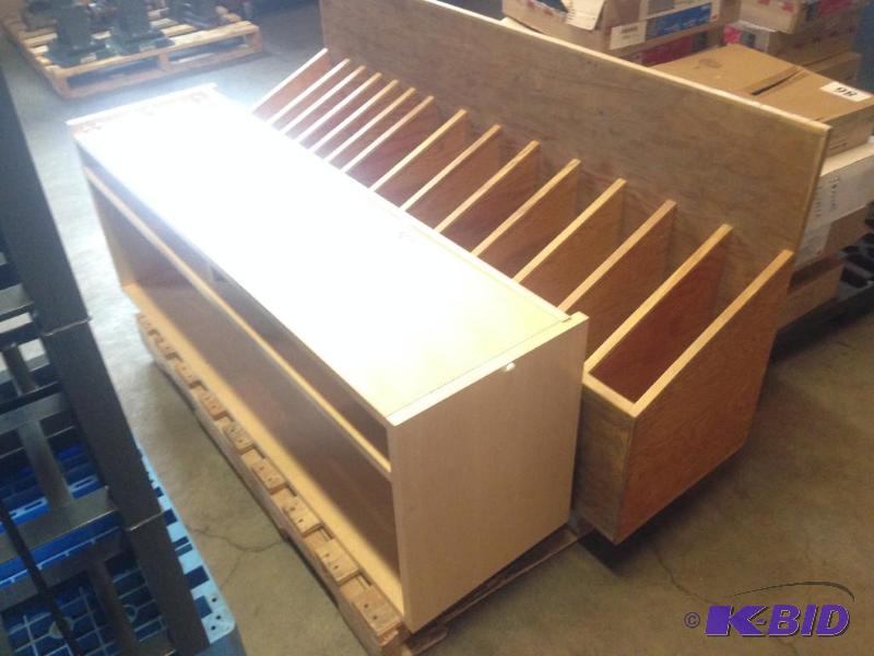 lot 87 image: 2 wooden units- one shelf style and one angle...